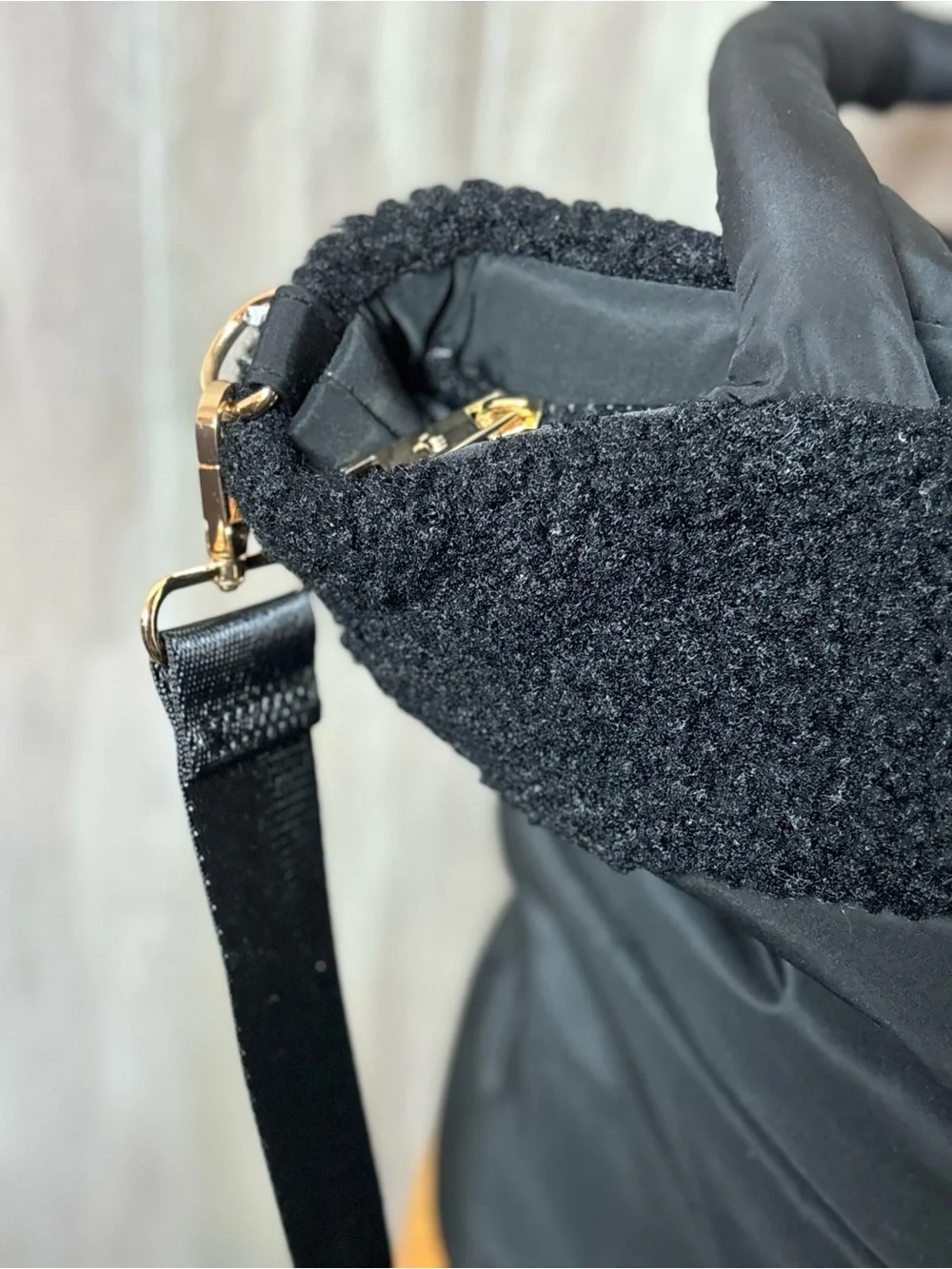 Bearpaw Black Quilted Puffer Tote Bag with Cozy Faux-Shearling Trim